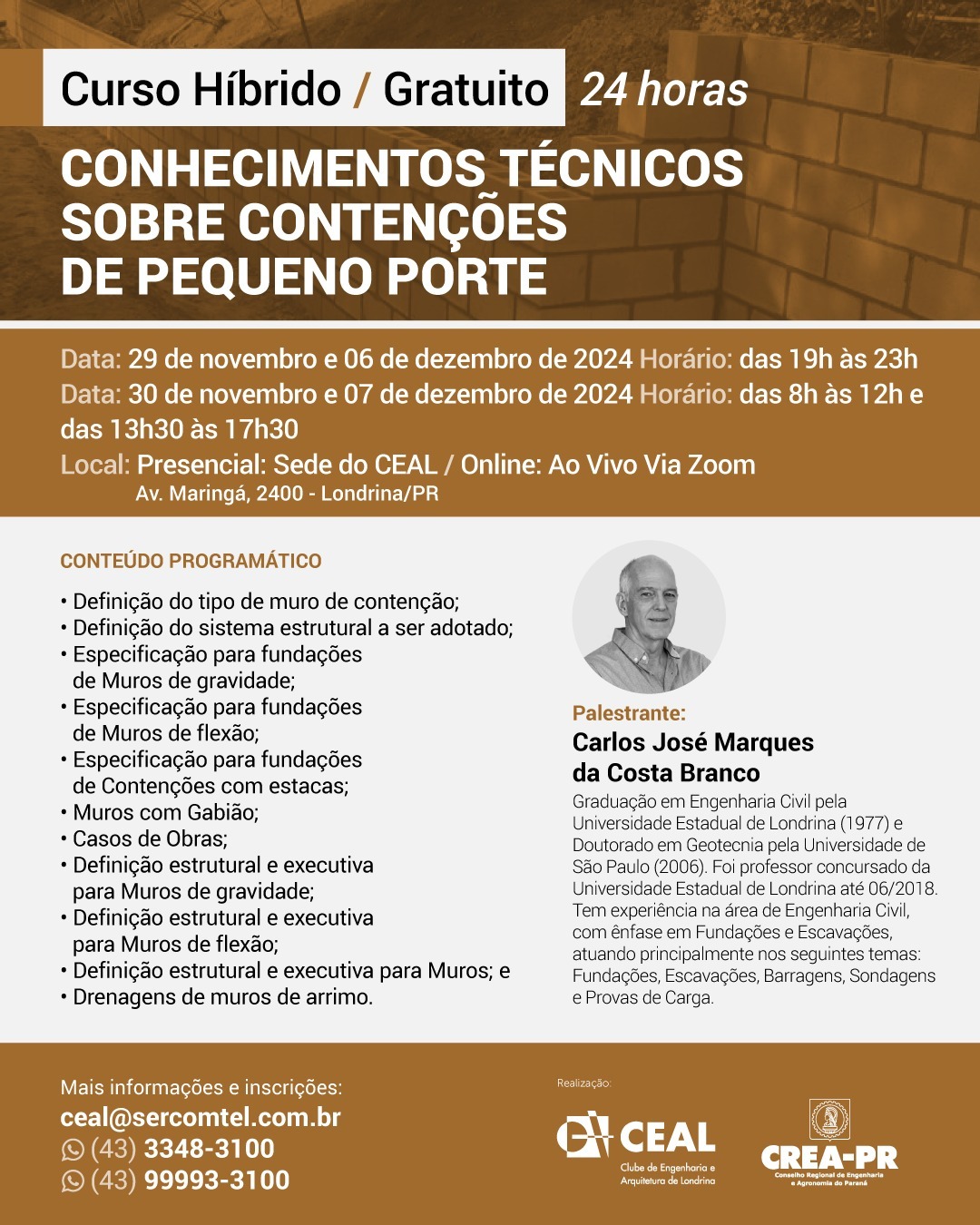 Curso Hibrido de Conhecimentos Técnicos sobre Contenções de Pequeno Porte – CEAL