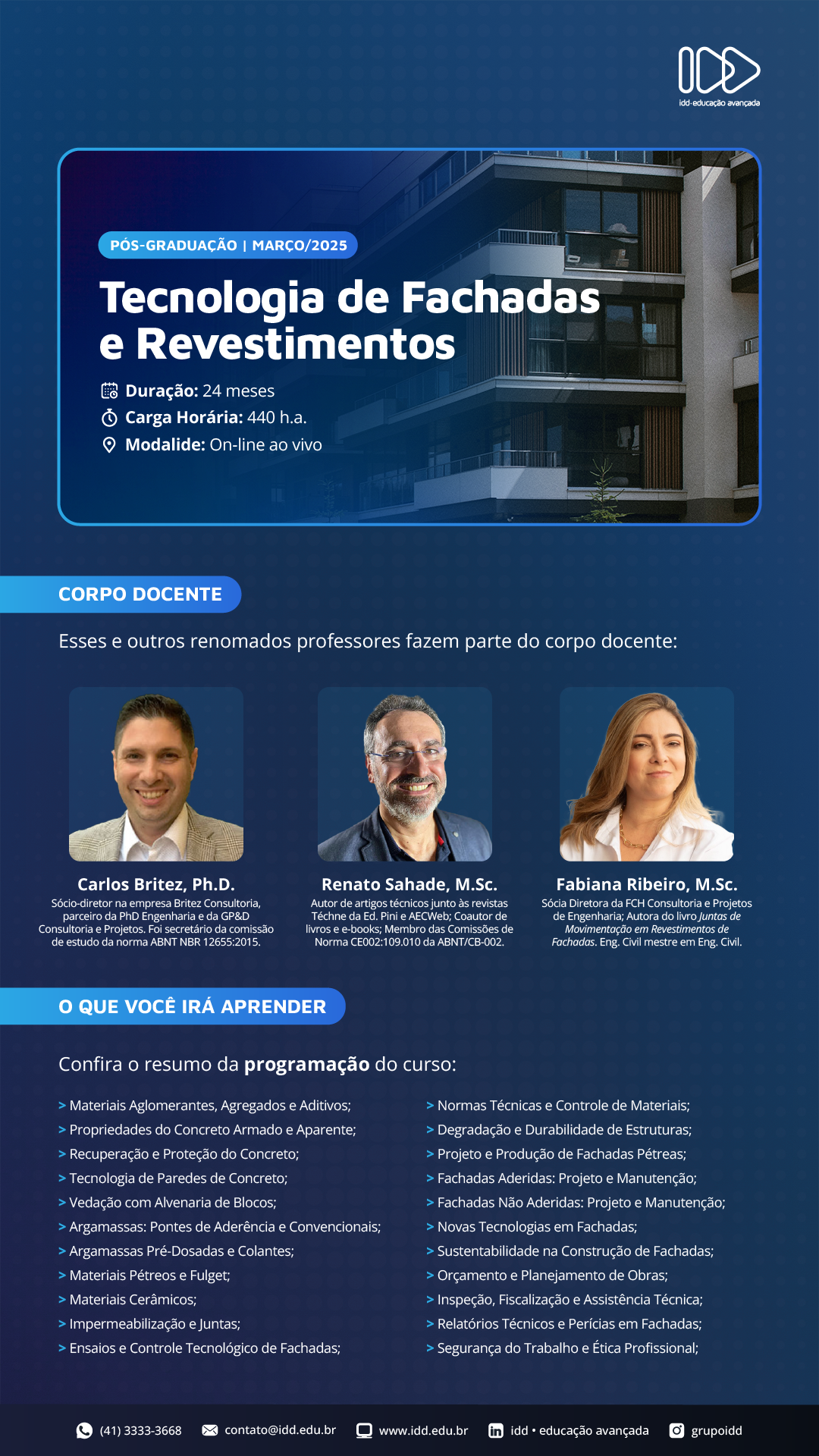 Pós-Graduação em Tecnologia de Fachadas e Revestimentos – IDD