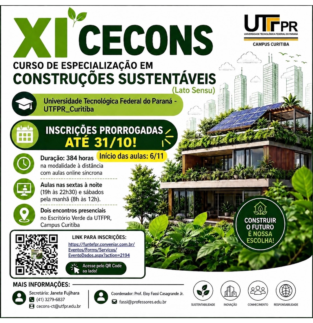 XI CECONS – Curso de Especialização em Construções Sustentáveis 2026 – UTFPR
